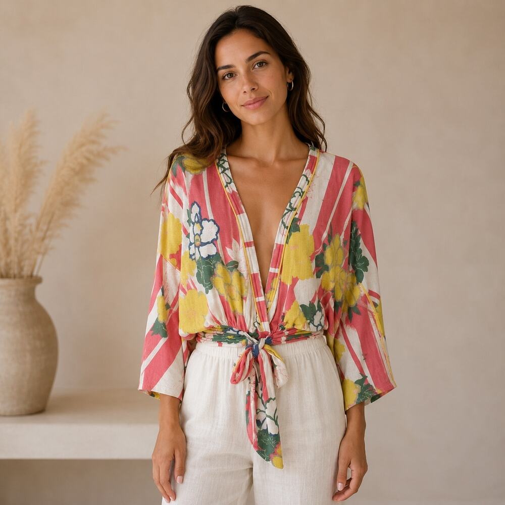 Free People Multi Color Stretch Knit Faux Wrap Top Medium